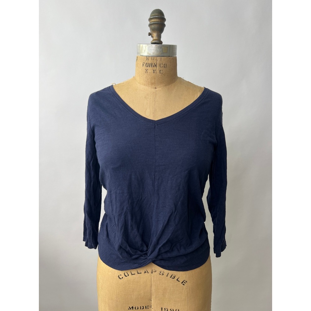 Pact Organic Cotton Navy Blue V-Neck Twist Front Top Long Sleeve XS